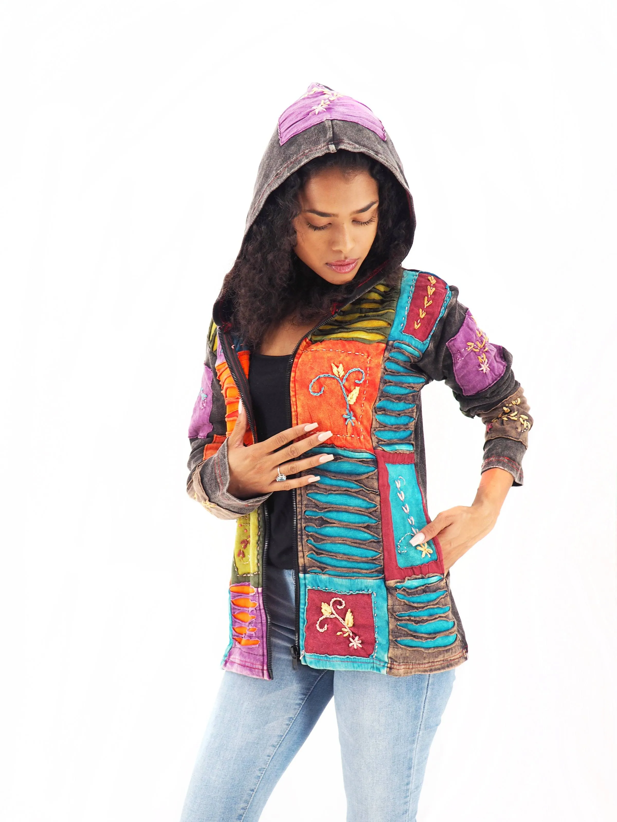 Handmade Patchwork Boho Hoodie 100% Pre-Washed Cotton Blue Orange Tones S-M-L-XL