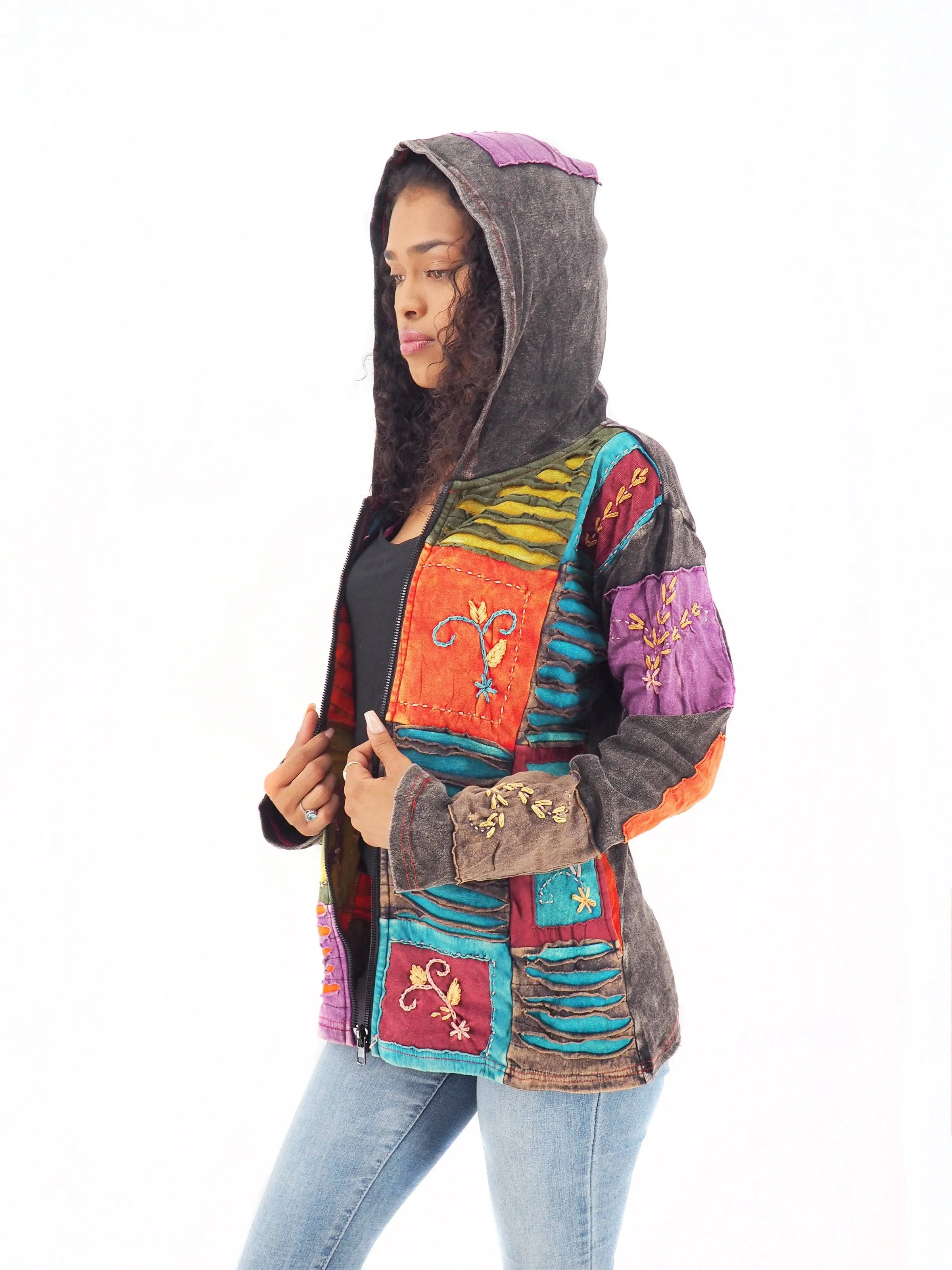 Handmade Patchwork Boho Hoodie 100% Pre-Washed Cotton Blue Orange Tones S-M-L-XL