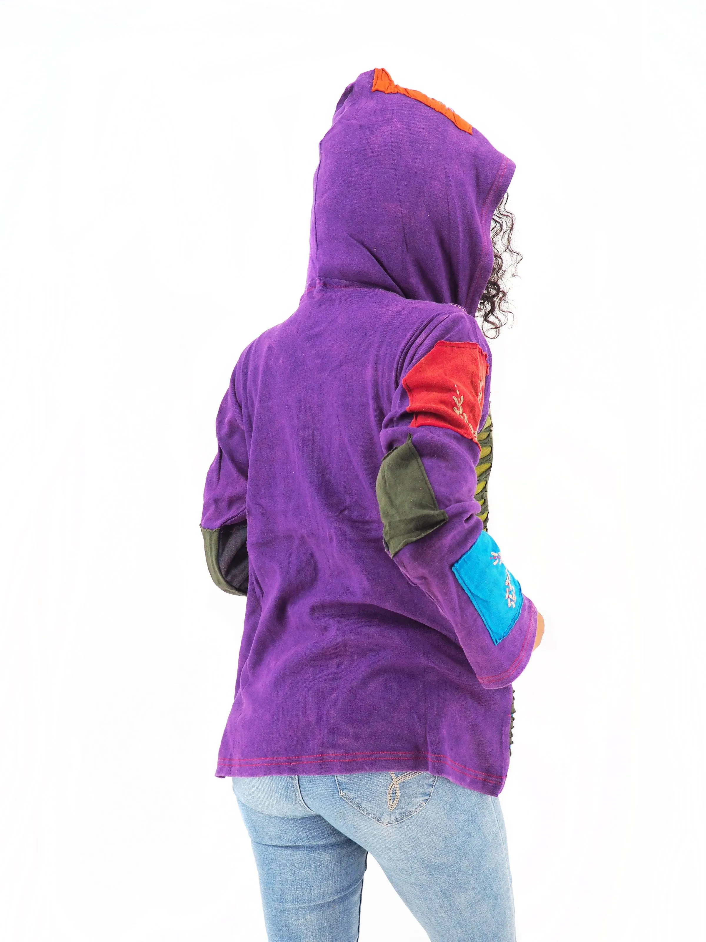 Handmade Patchwork Boho Hoodie 100% Pre-Washed Cotton Blue Purple Tones S-M-L-XL