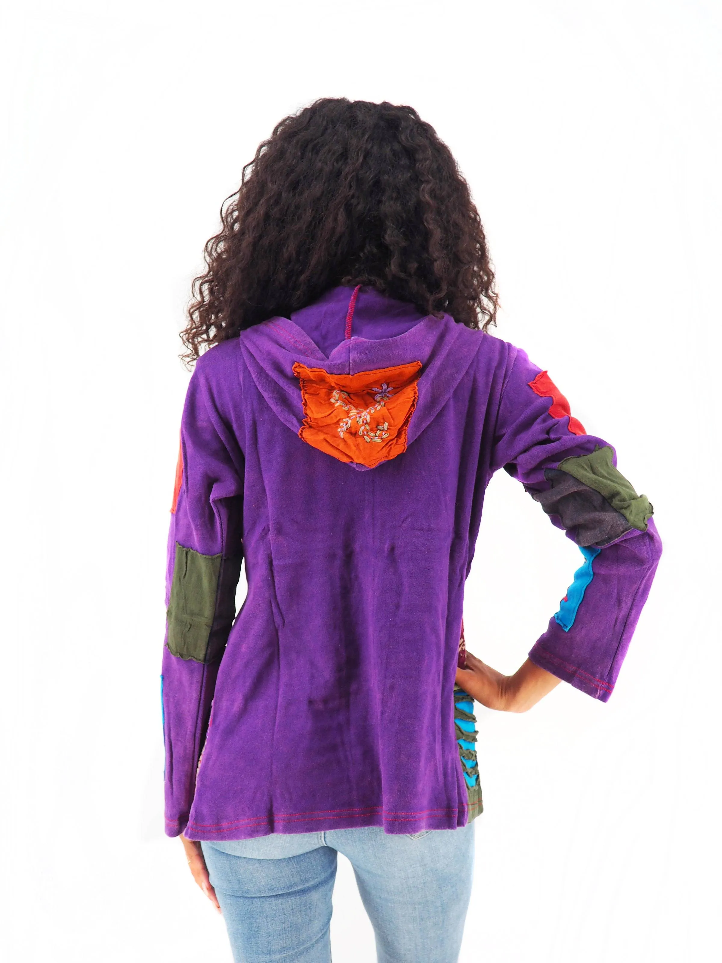 Handmade Patchwork Boho Hoodie 100% Pre-Washed Cotton Blue Purple Tones S-M-L-XL