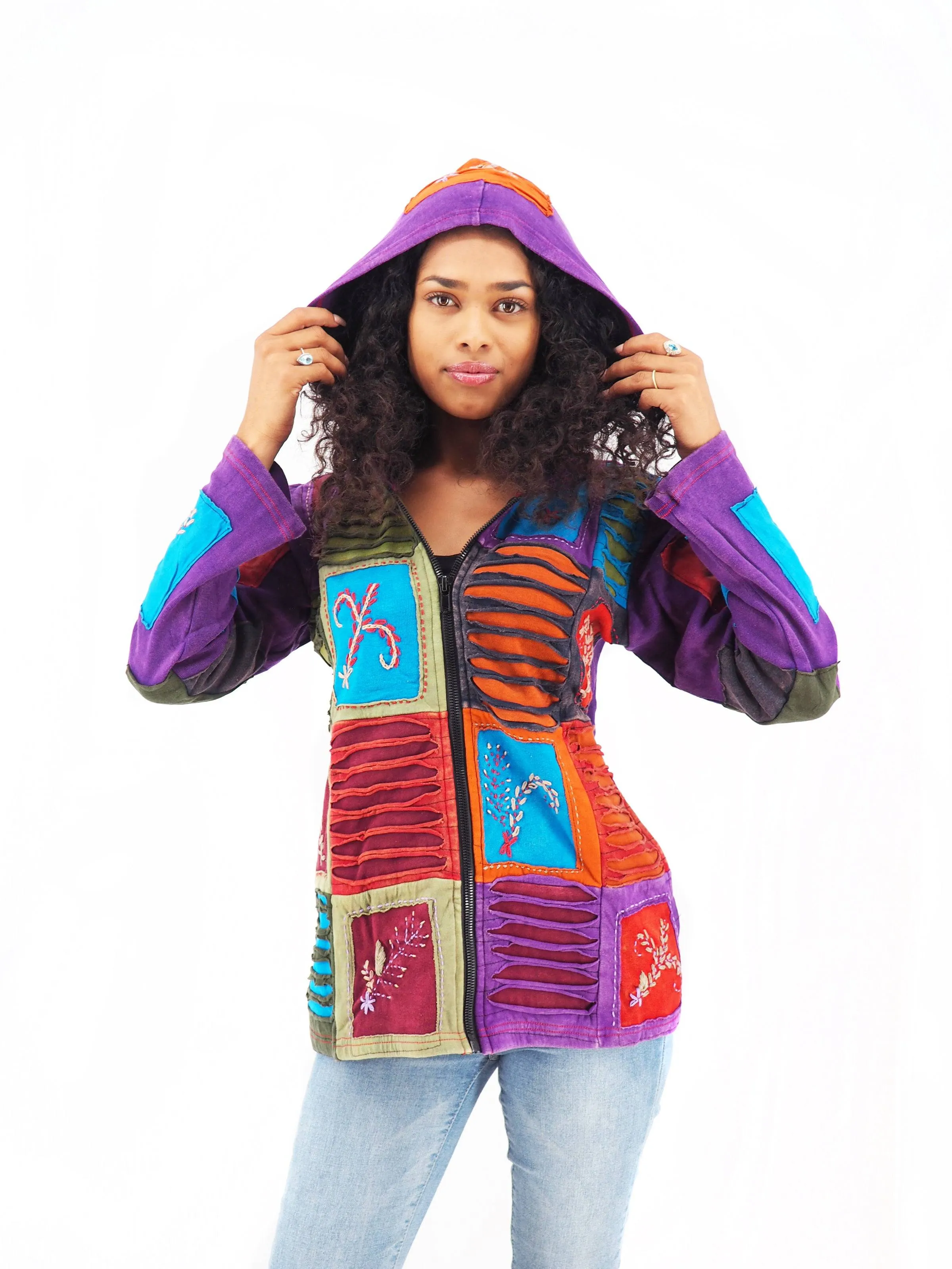 Handmade Patchwork Boho Hoodie 100% Pre-Washed Cotton Blue Purple Tones S-M-L-XL