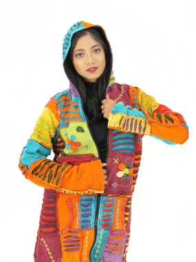 Handmade Patchwork Boho Hoodie 100% Pre-Washed Cotton Bright Tones XXL