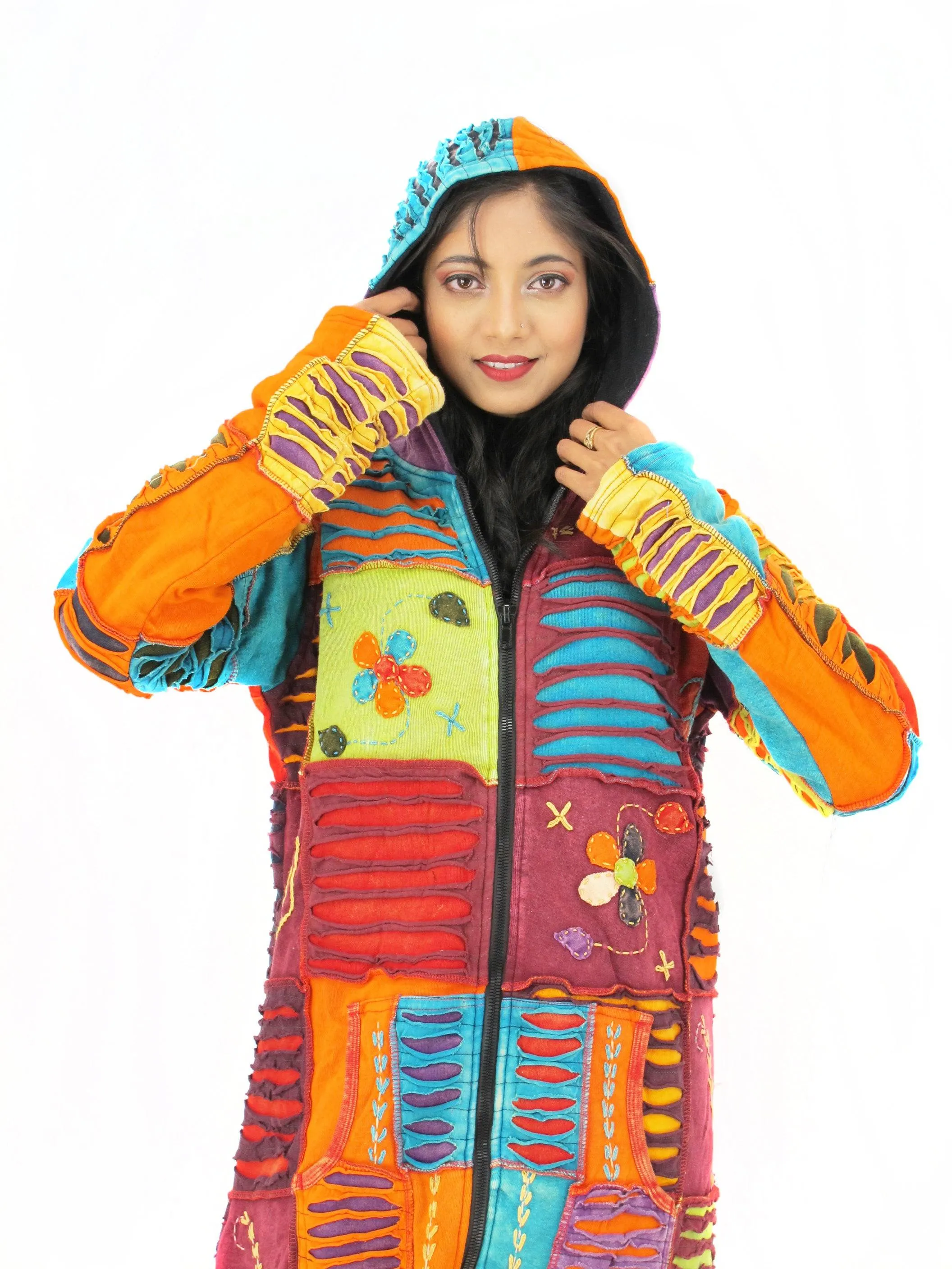 Handmade Patchwork Boho Hoodie 100% Pre-Washed Cotton Bright Tones XXL