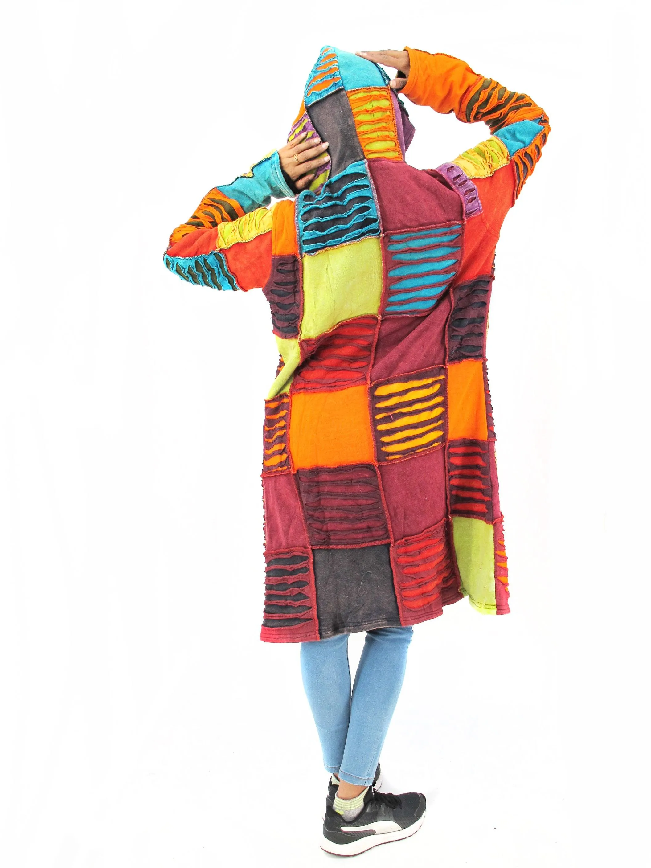 Handmade Patchwork Boho Hoodie 100% Pre-Washed Cotton Bright Tones XXL