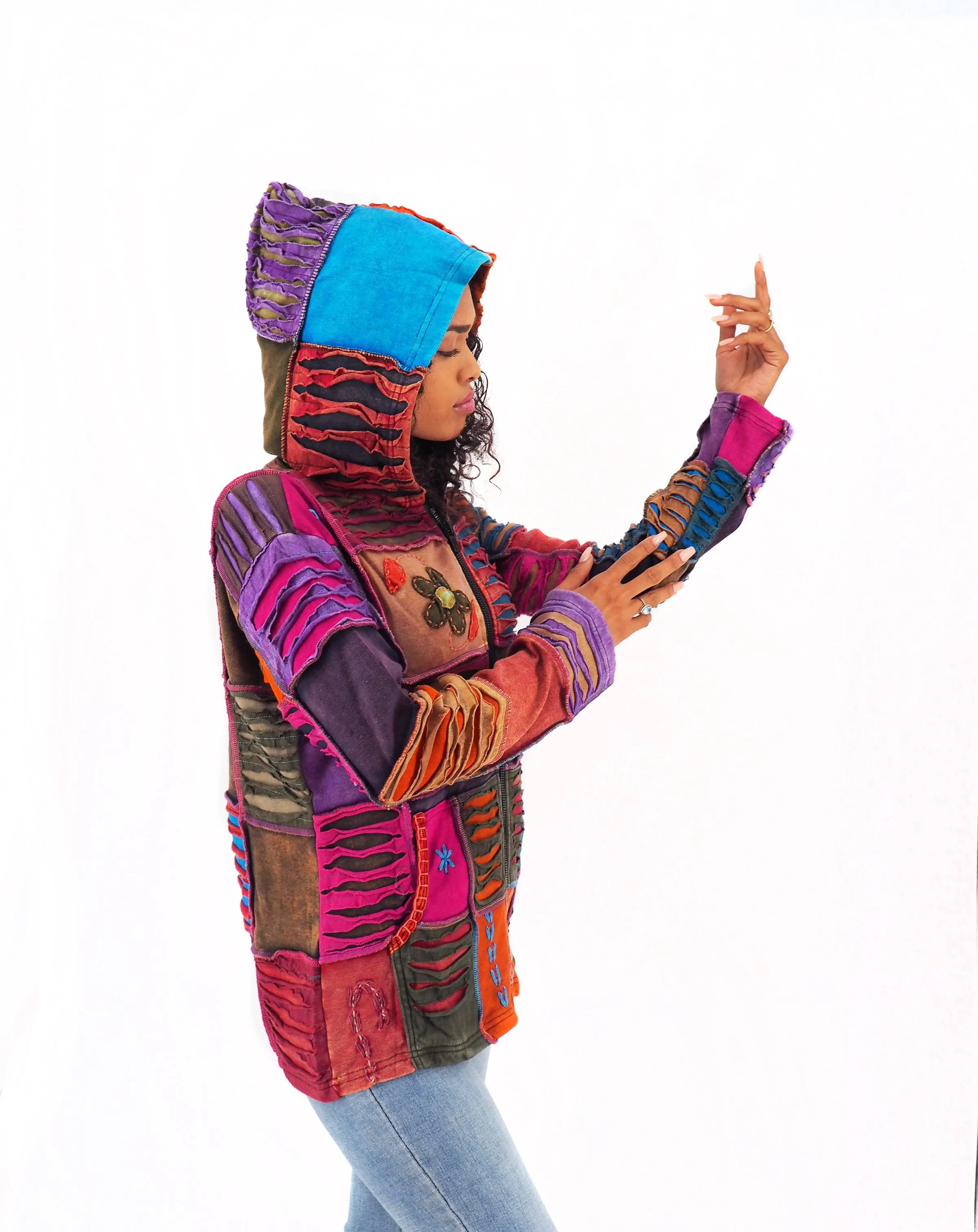 Handmade Patchwork Boho Hoodie 100% Pre-Washed Cotton Brown Magenta Tones S-M-L-XL