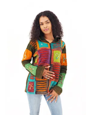 Handmade Patchwork Boho Hoodie 100% Pre-Washed Cotton Green Orange Tones S-M-L-XL