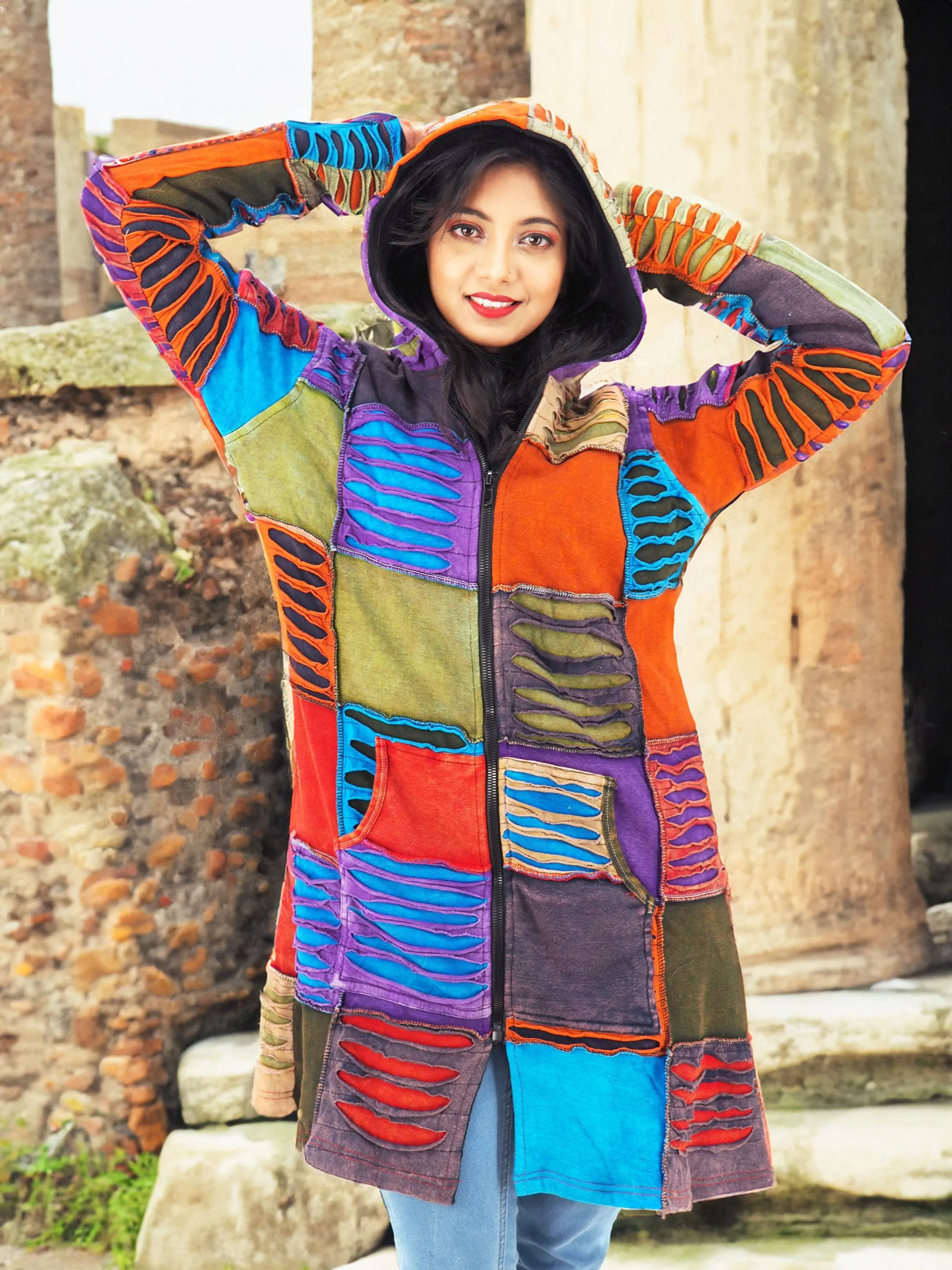 Handmade Patchwork Boho Hoodie 100% Pre-Washed Cotton Multi Color S-M-L-XL