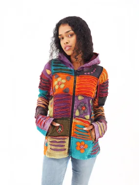 Handmade Patchwork Boho Hoodie 100% Pre-Washed Cotton Orange Purple Tones XXL