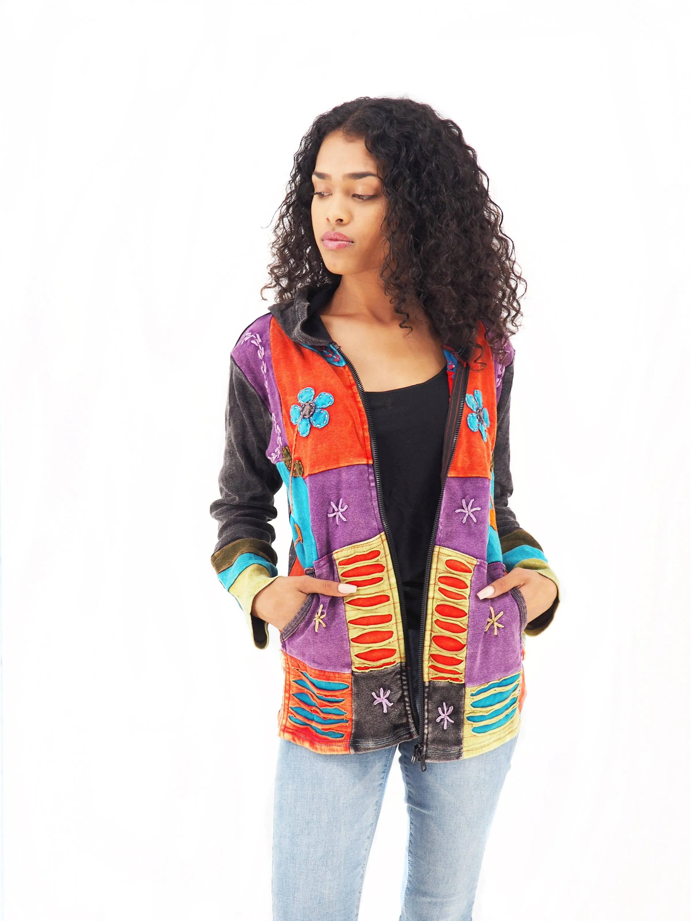 Handmade Patchwork Boho Hoodie 100% Pre-Washed Cotton Pixie Hood Orange Purple Tones S-M-L-XL