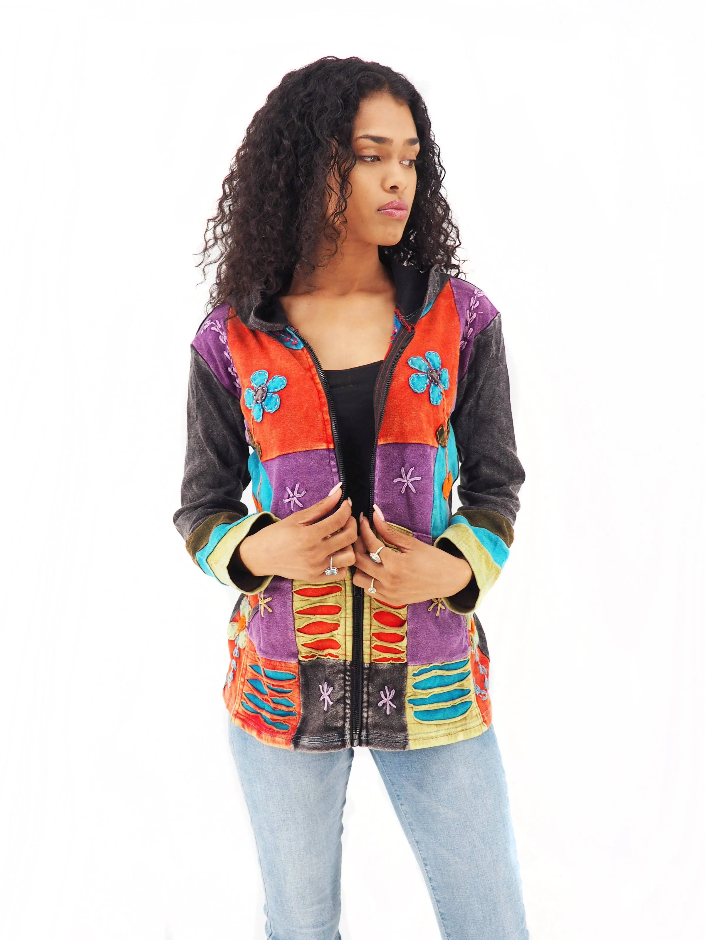 Handmade Patchwork Boho Hoodie 100% Pre-Washed Cotton Pixie Hood Orange Purple Tones S-M-L-XL