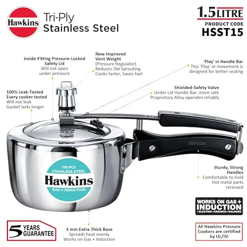 Hawkins 1.5 Litre Triply Stainless Steel Pressure Cooker, Inner Lid Induction Cooker, Silver (HSST15)