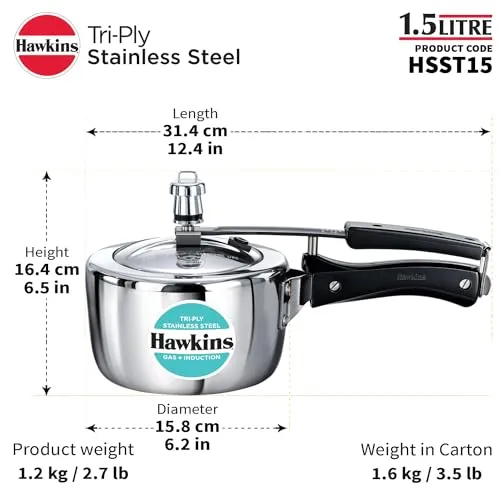 Hawkins 1.5 Litre Triply Stainless Steel Pressure Cooker, Inner Lid Induction Cooker, Silver (HSST15)