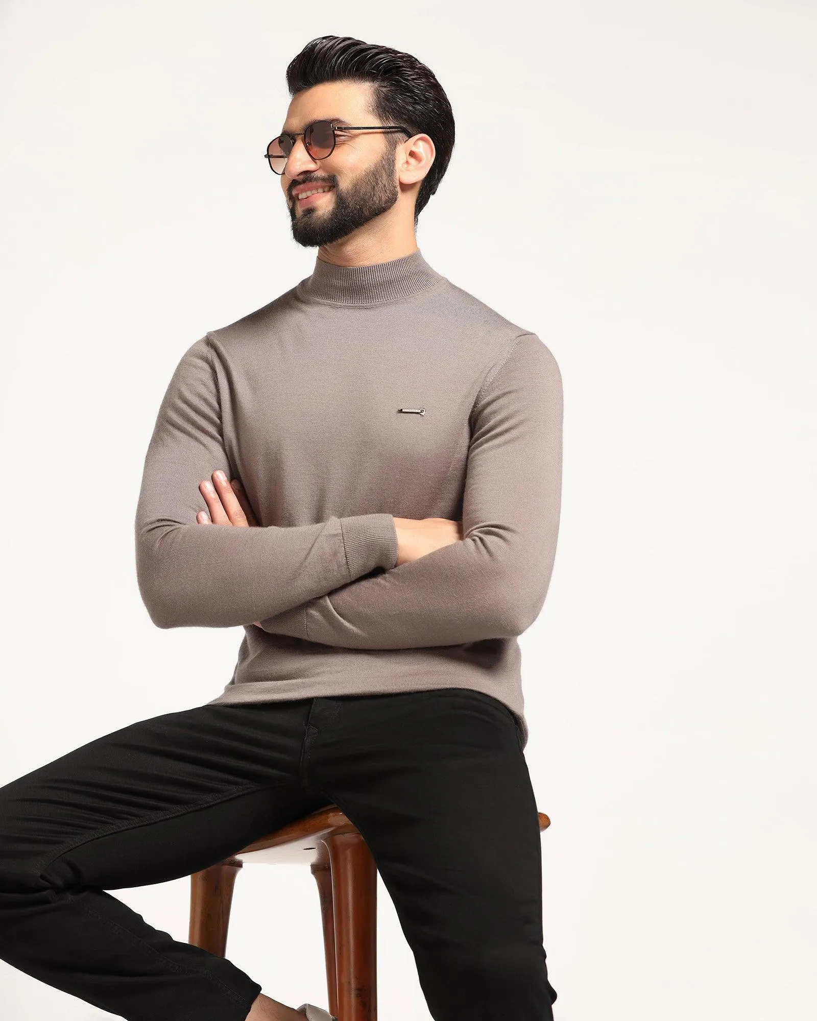 High Neck Beige Solid Sweater - Jester