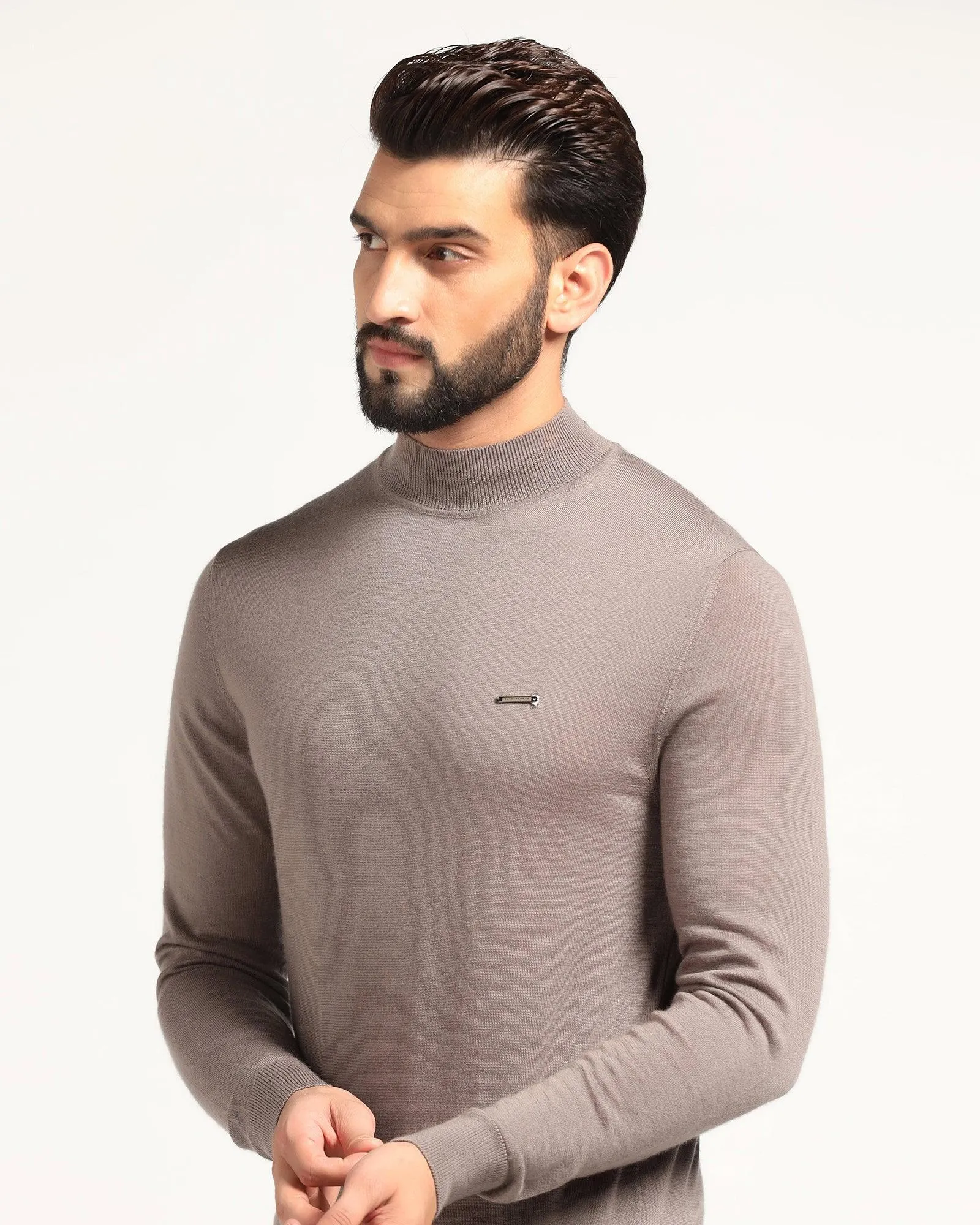 High Neck Beige Solid Sweater - Jester