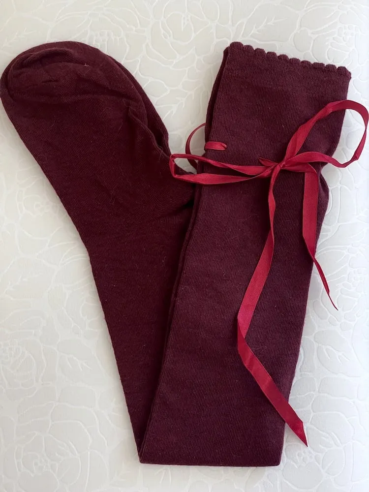 Historically Inspired Cotton Knee-High Socks with Ribbon Lacing in Burgundy