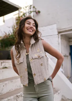 Italian Sleeveless Jacket with Gold Sequins in Beige