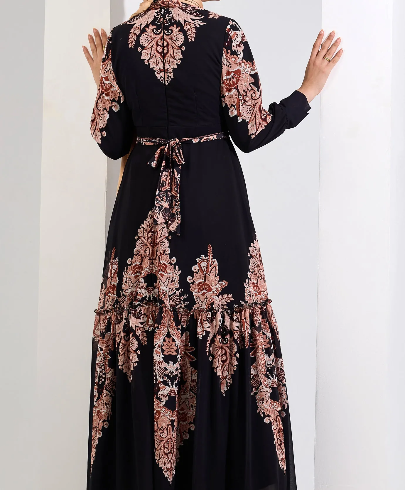 Jamilah Majestic Black Chiffon Maxi Dress with Peach Floral Print