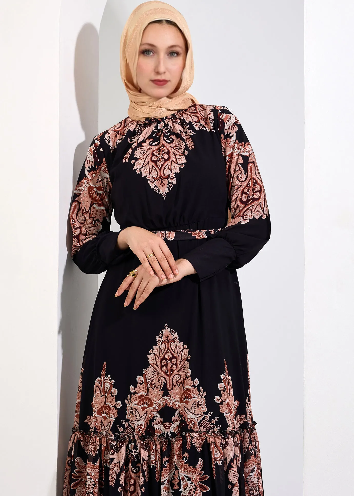 Jamilah Majestic Black Chiffon Maxi Dress with Peach Floral Print