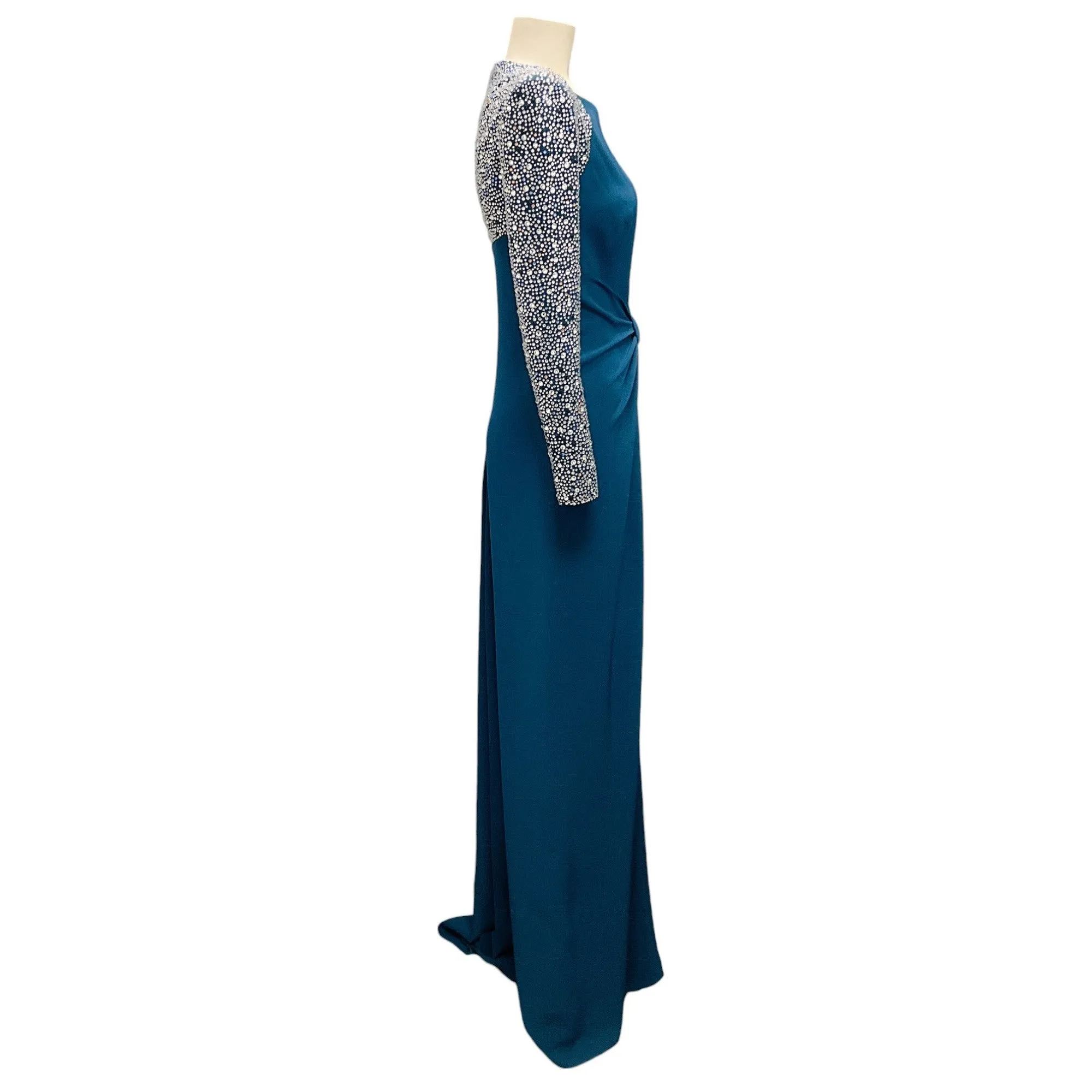 Jenny Packham Ink Twyla Crystal Embellished Sleeve Crepe Gown / Formal Dress