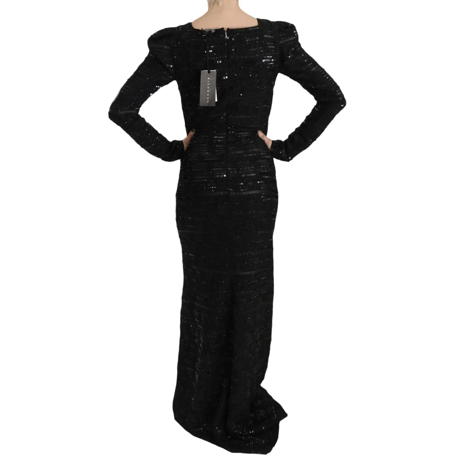 John Richmond Black Silk Sheath Maxi Dress with Sequins