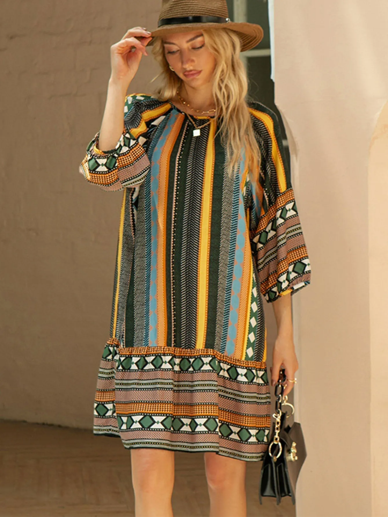 KittenAlarm - Boho Print Ruffle Hem Dress