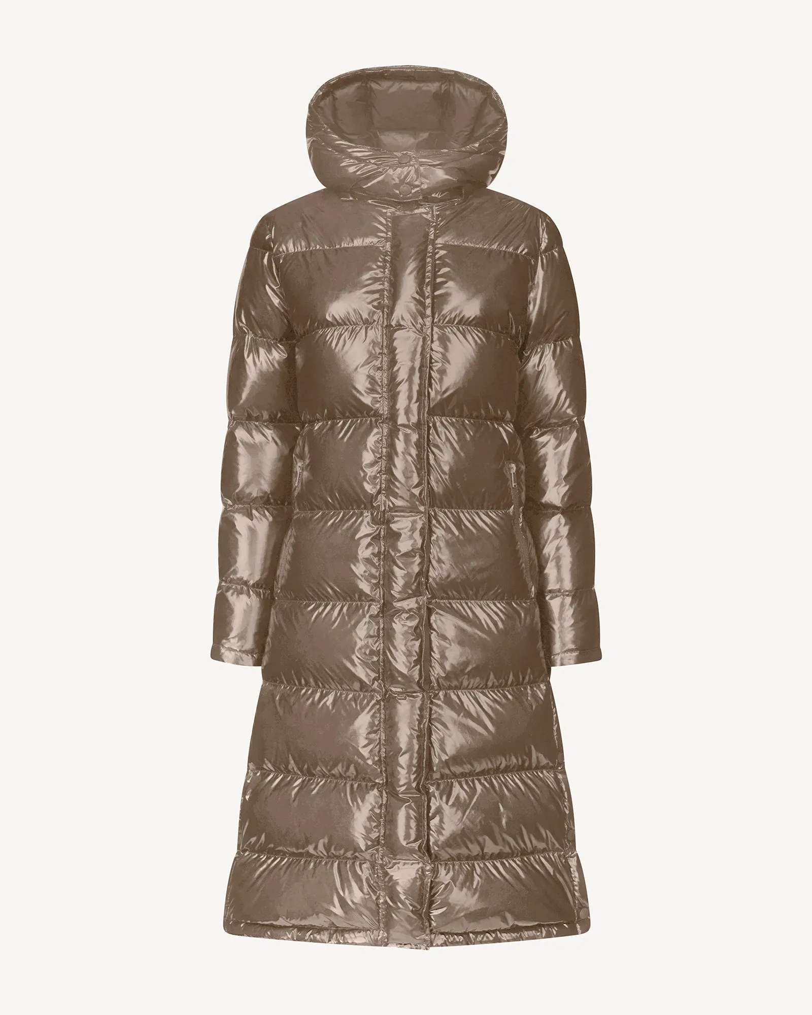 Long hooded lacquered down jacket Taupe Karachi