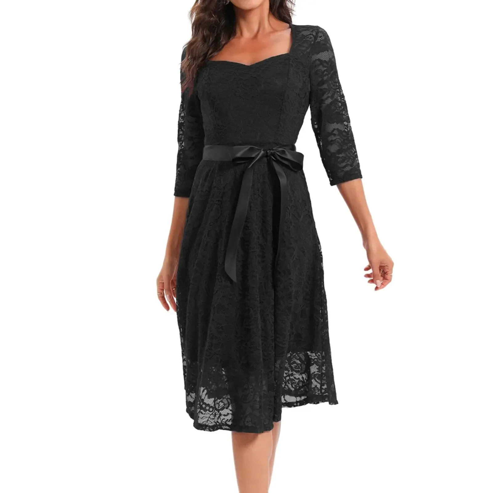 Long Sleeve Bownot Lace Up Transparent Lace Embroidery Elegant Party Midi Solid Dress