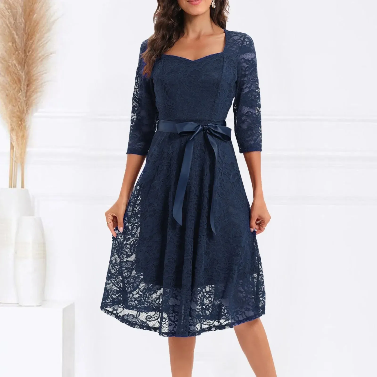 Long Sleeve Bownot Lace Up Transparent Lace Embroidery Elegant Party Midi Solid Dress