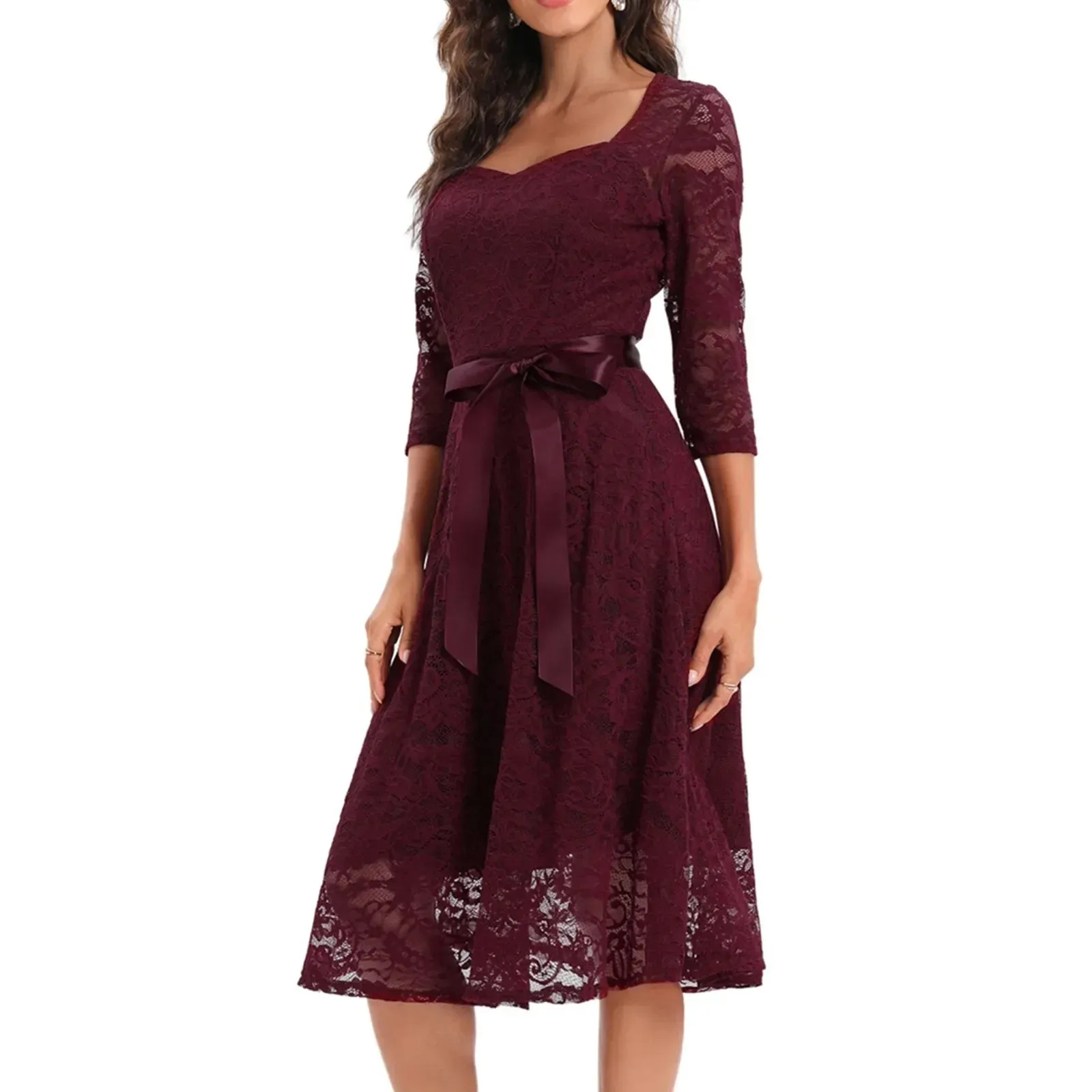 Long Sleeve Bownot Lace Up Transparent Lace Embroidery Elegant Party Midi Solid Dress