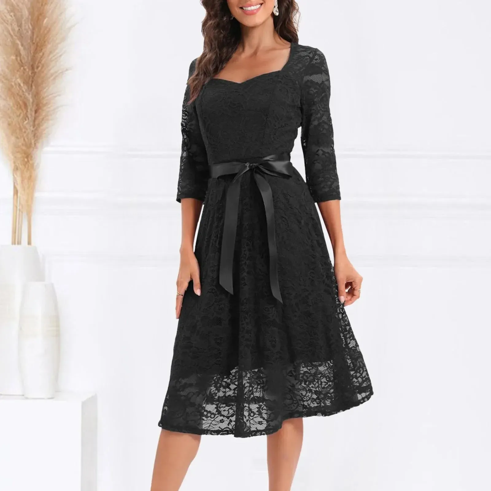 Long Sleeve Bownot Lace Up Transparent Lace Embroidery Elegant Party Midi Solid Dress