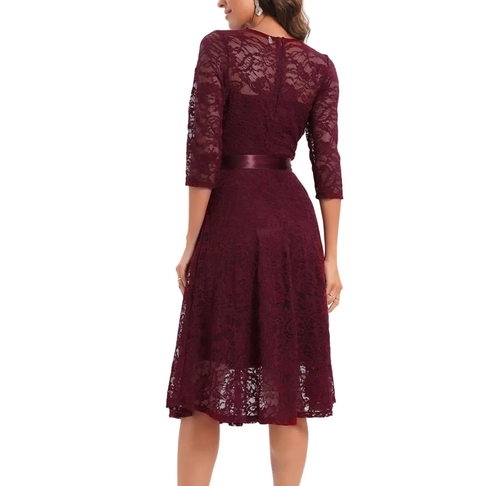 Long Sleeve Bownot Lace Up Transparent Lace Embroidery Elegant Party Midi Solid Dress