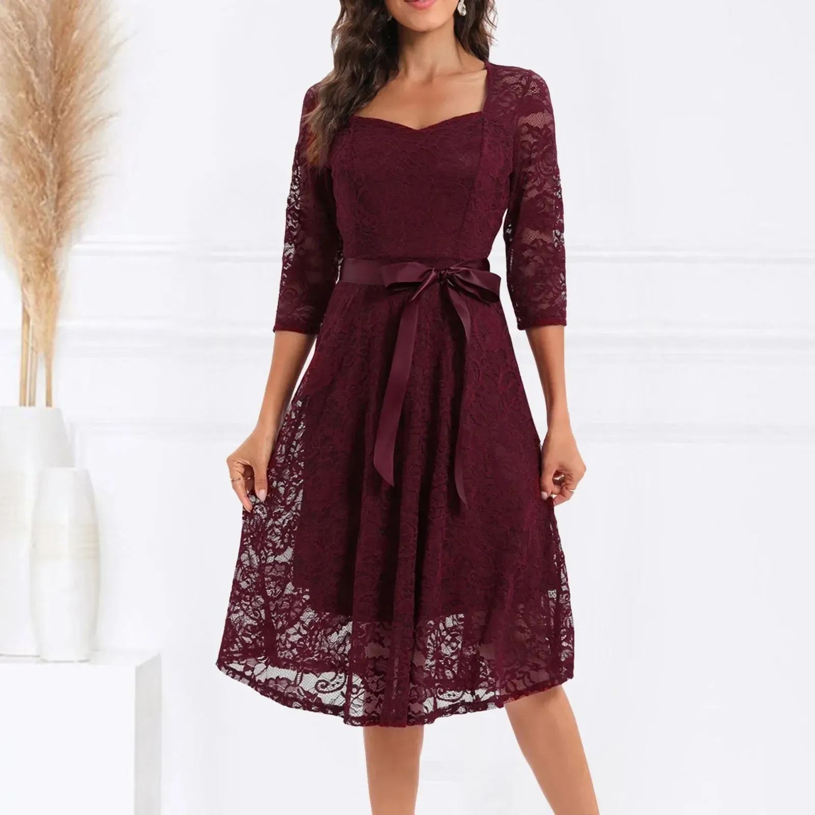 Long Sleeve Bownot Lace Up Transparent Lace Embroidery Elegant Party Midi Solid Dress