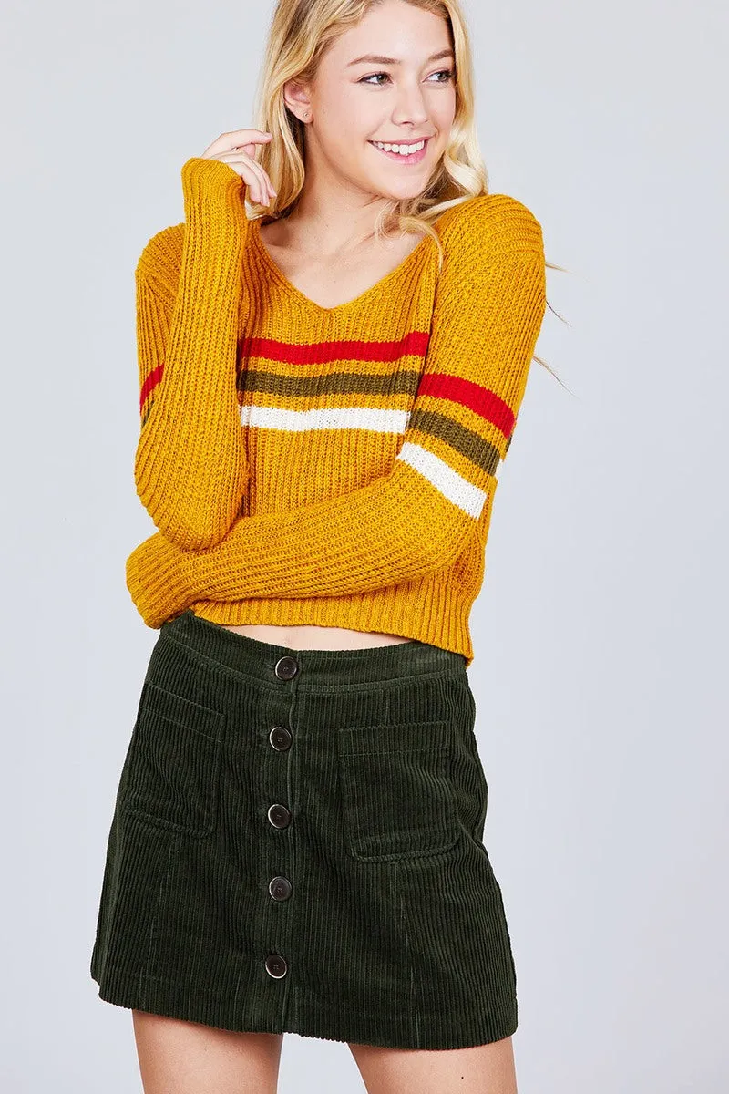 Long Sleeve V-neck Multi Stripe Crop Sweater