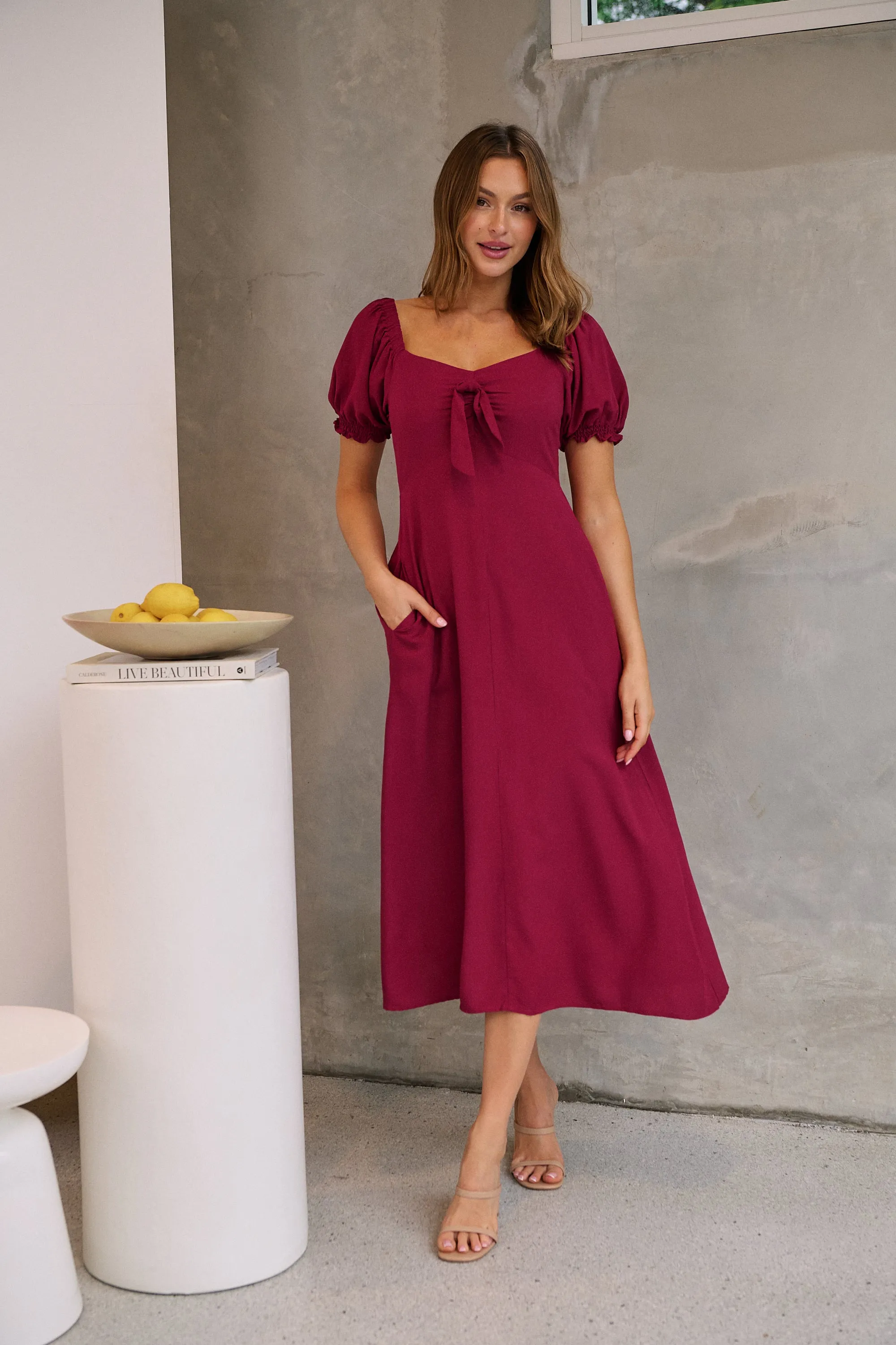 Lulu Tie Front Wine Midi Dress