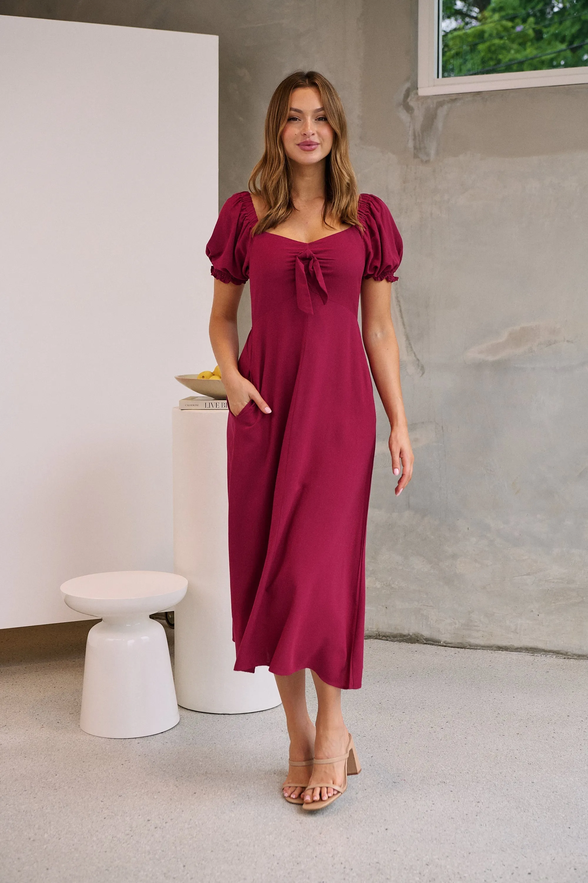 Lulu Tie Front Wine Midi Dress