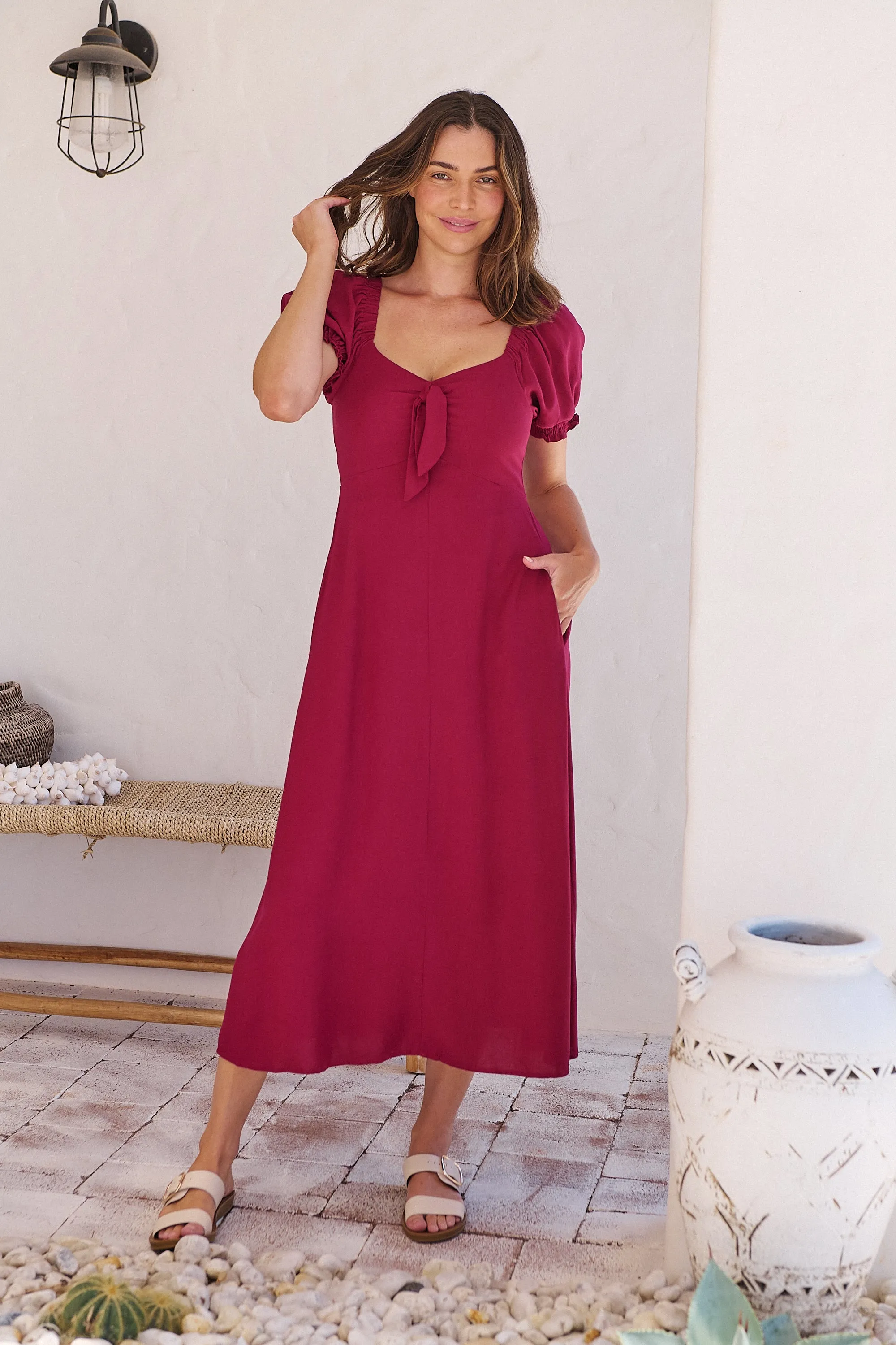 Lulu Tie Front Wine Midi Dress