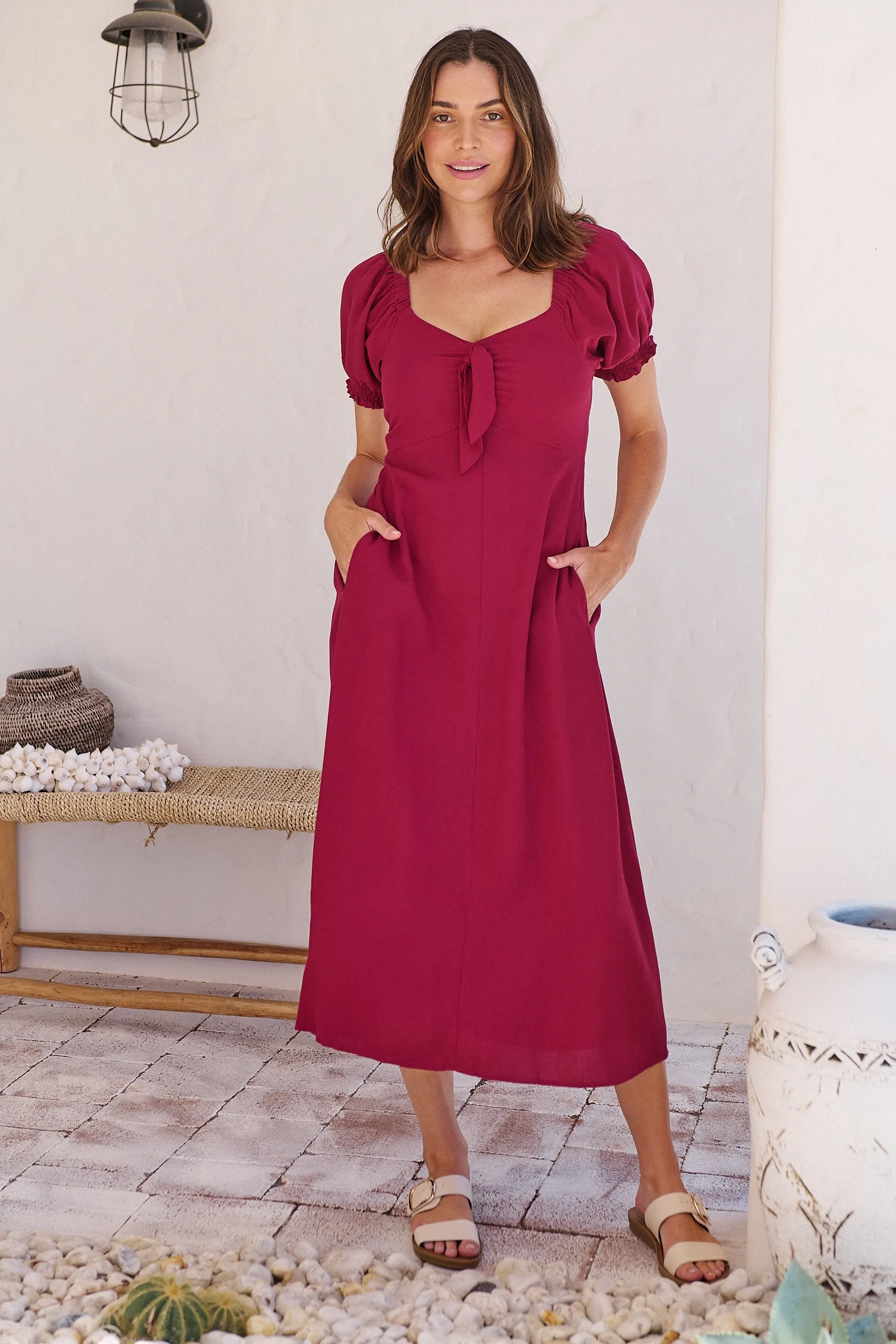 Lulu Tie Front Wine Midi Dress