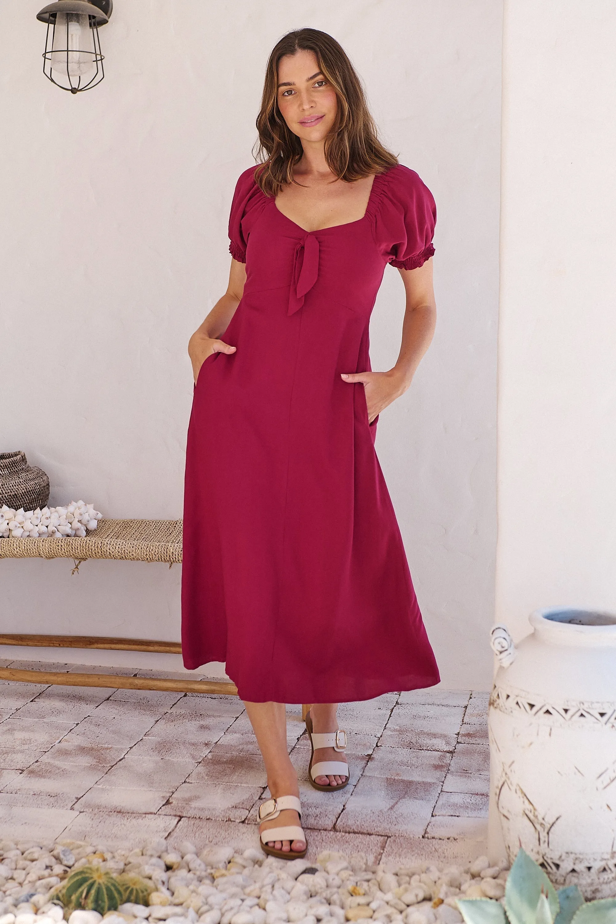 Lulu Tie Front Wine Midi Dress