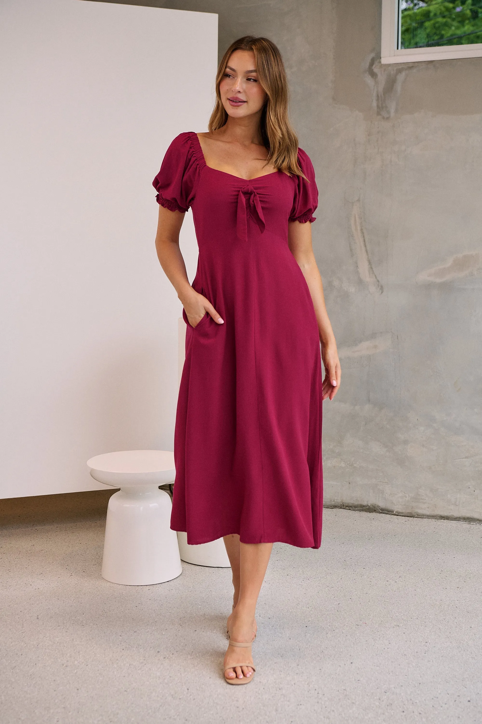 Lulu Tie Front Wine Midi Dress