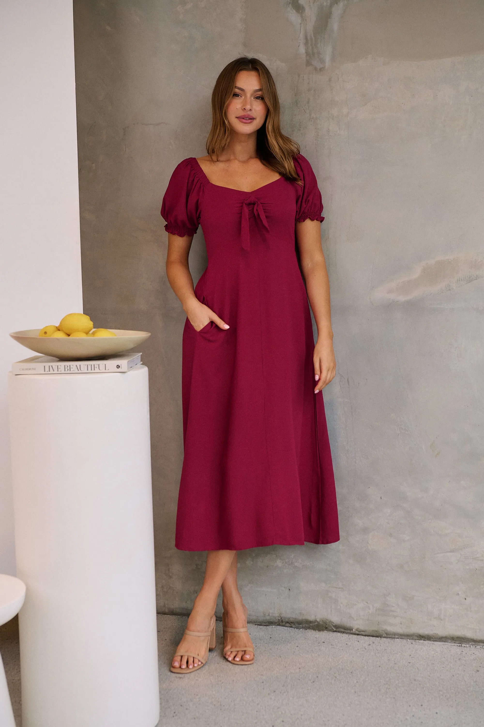 Lulu Tie Front Wine Midi Dress