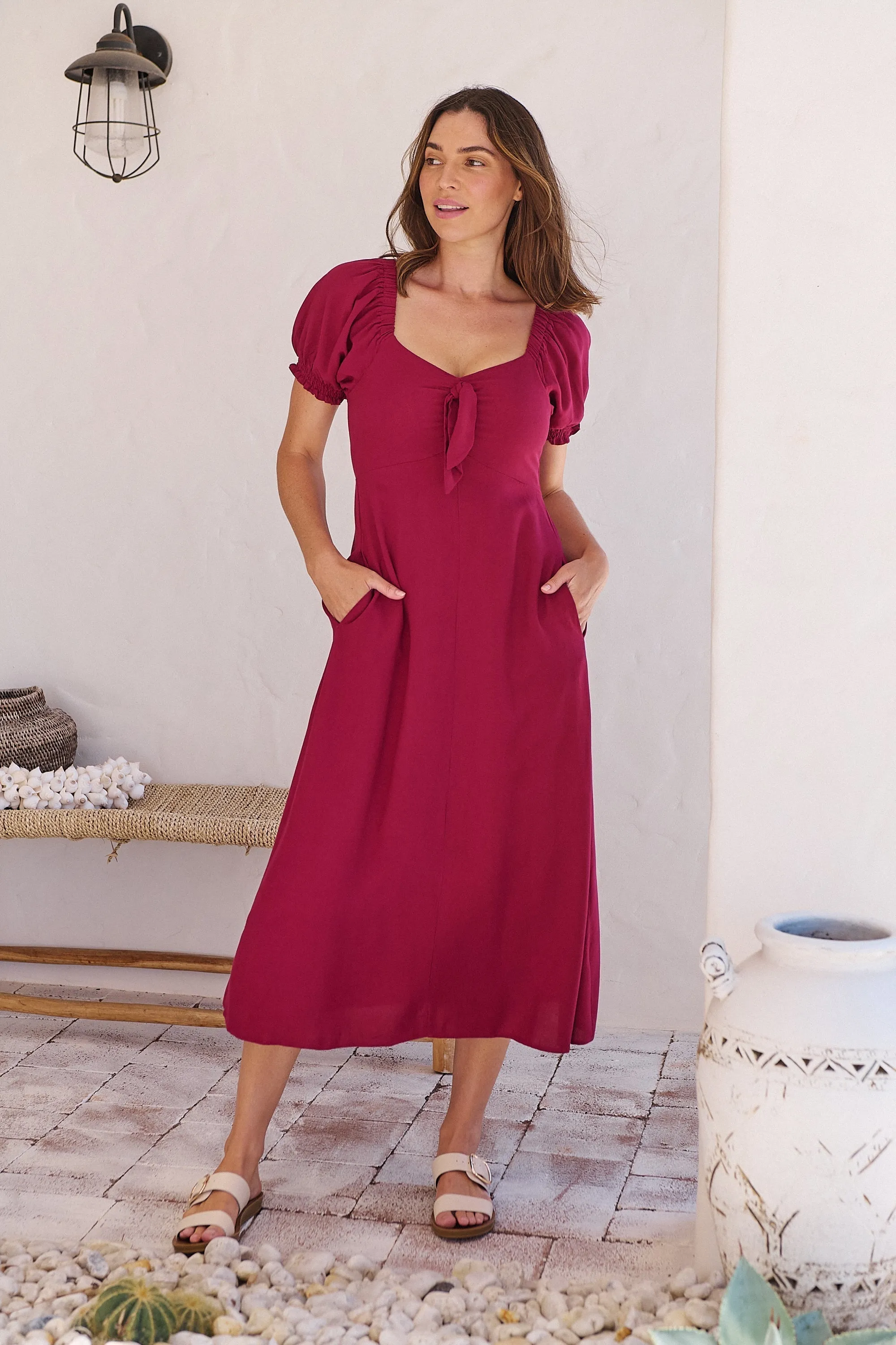 Lulu Tie Front Wine Midi Dress