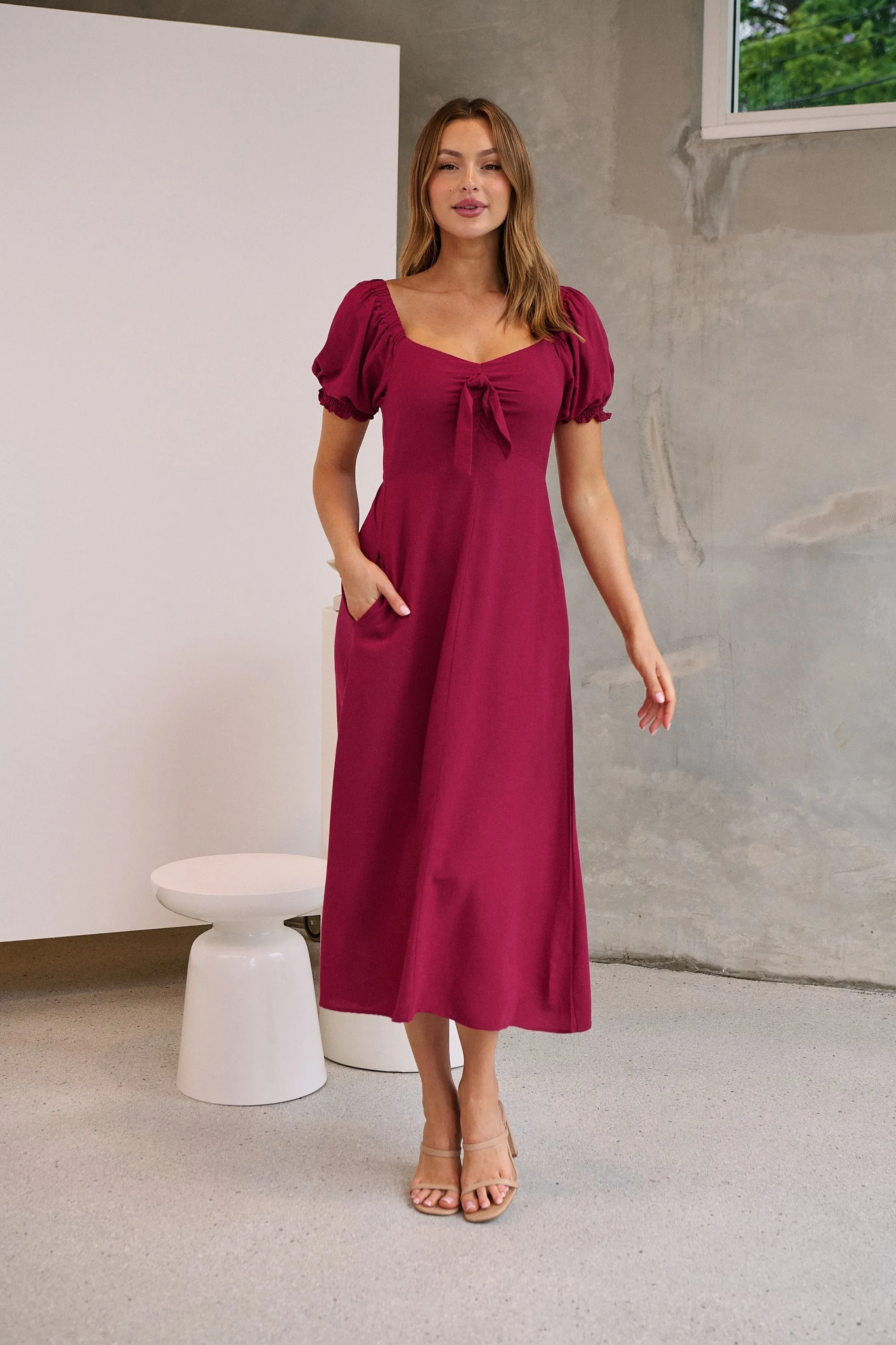 Lulu Tie Front Wine Midi Dress