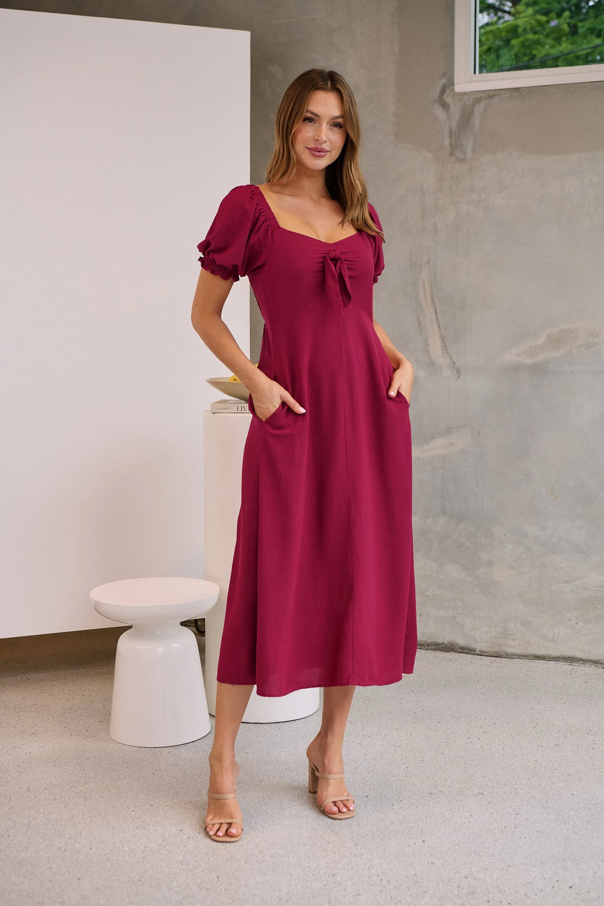 Lulu Tie Front Wine Midi Dress