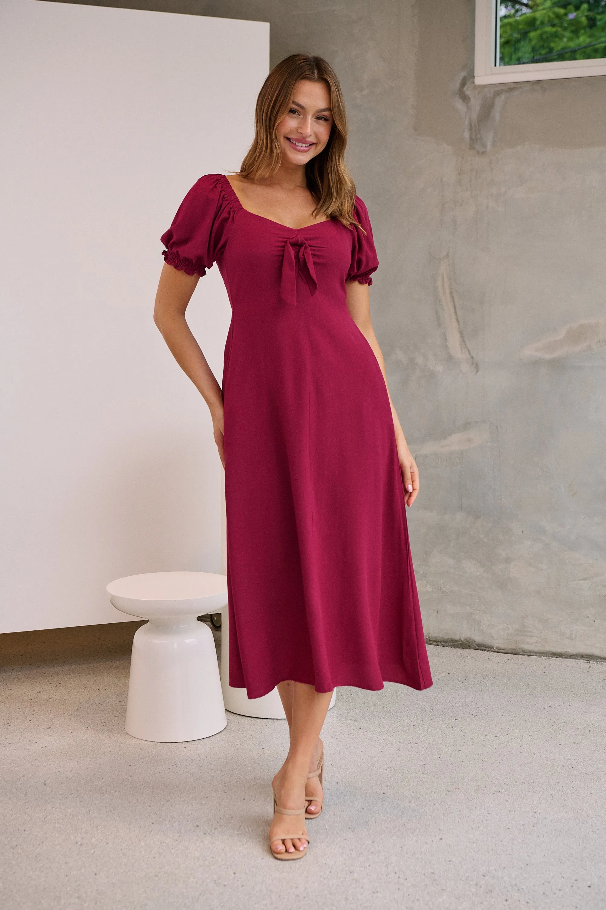 Lulu Tie Front Wine Midi Dress