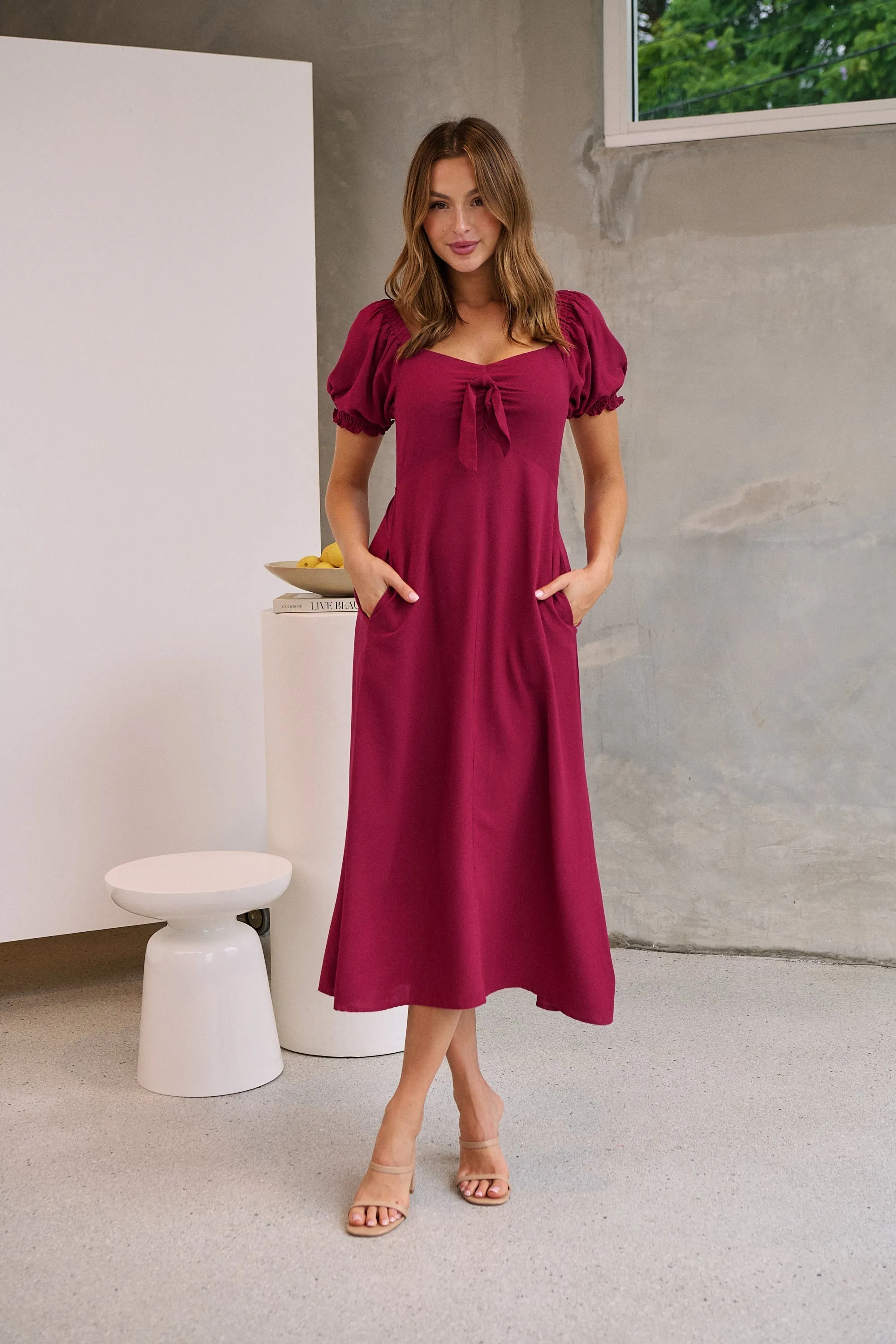 Lulu Tie Front Wine Midi Dress