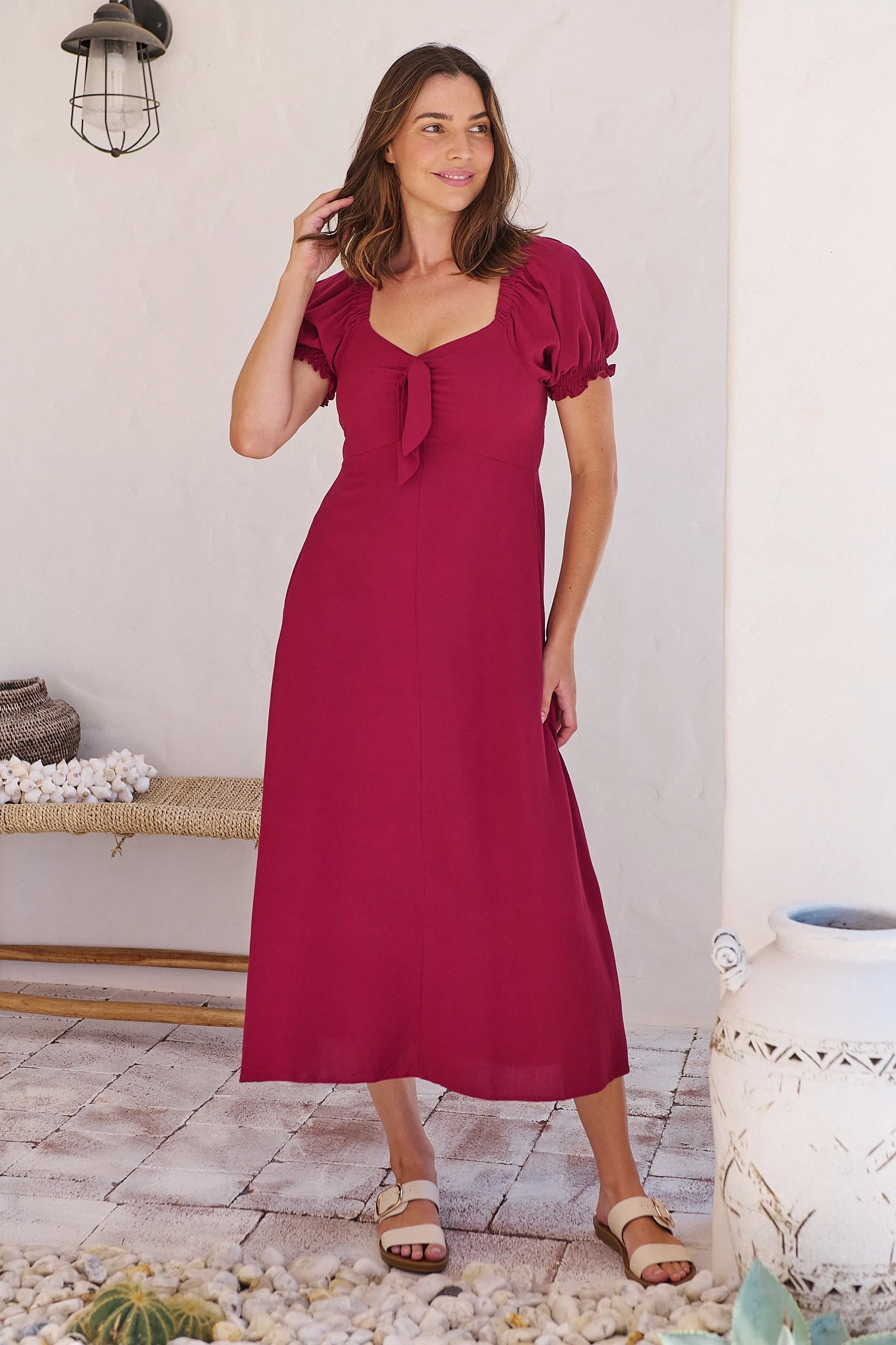 Lulu Tie Front Wine Midi Dress