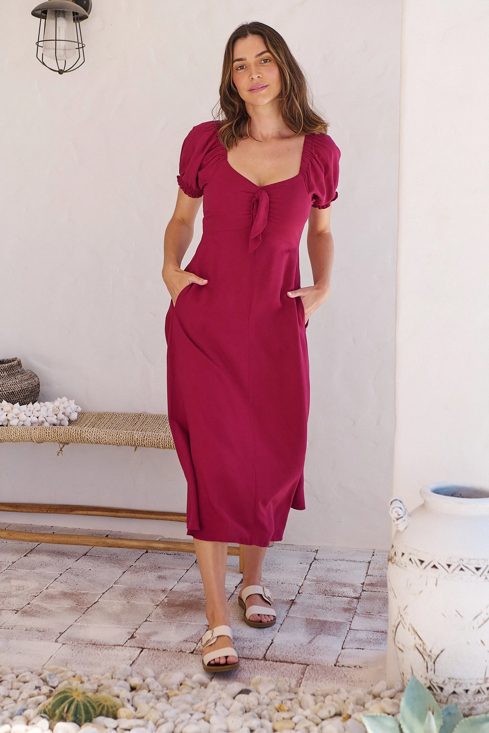 Lulu Tie Front Wine Midi Dress