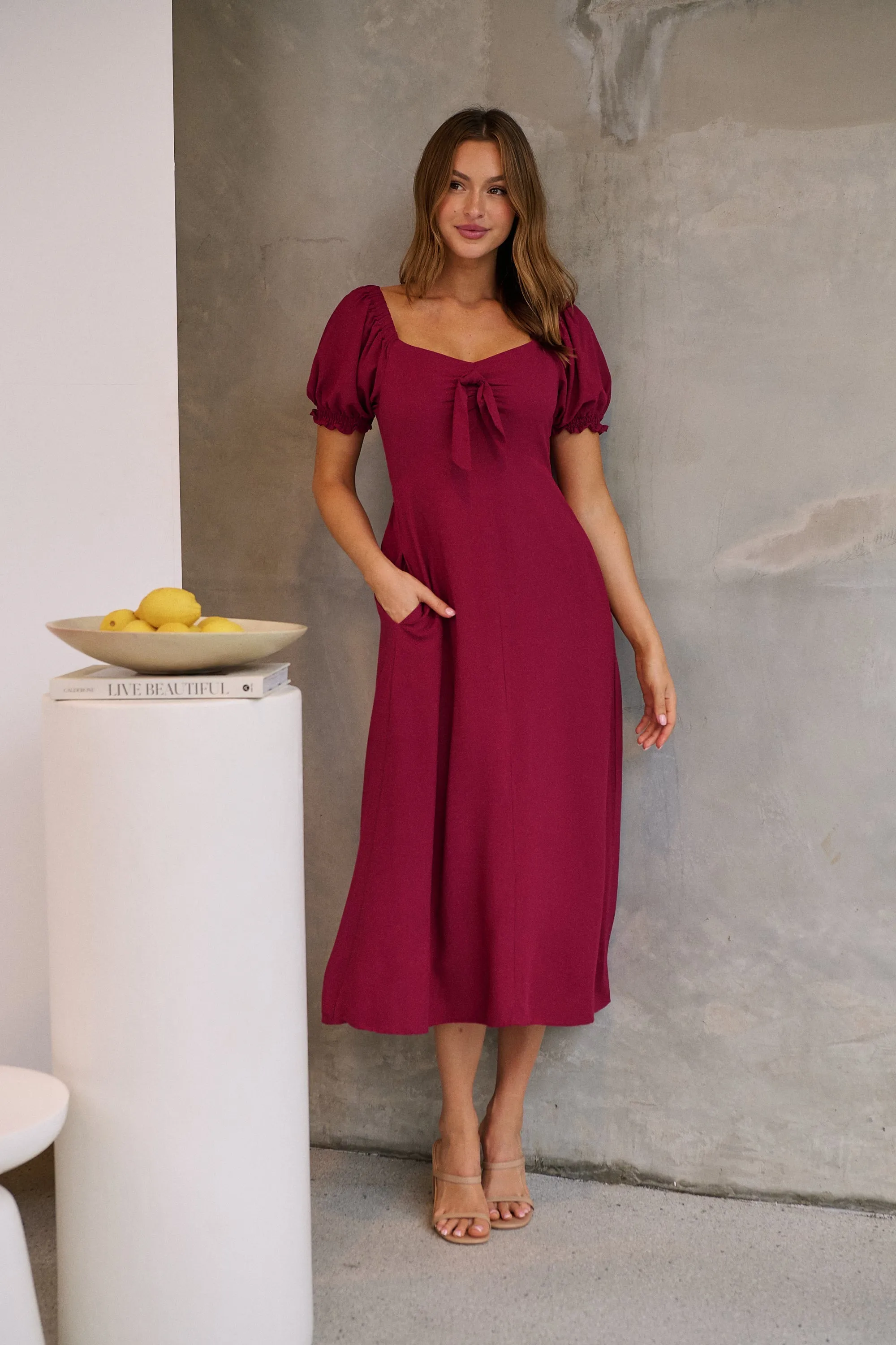 Lulu Tie Front Wine Midi Dress