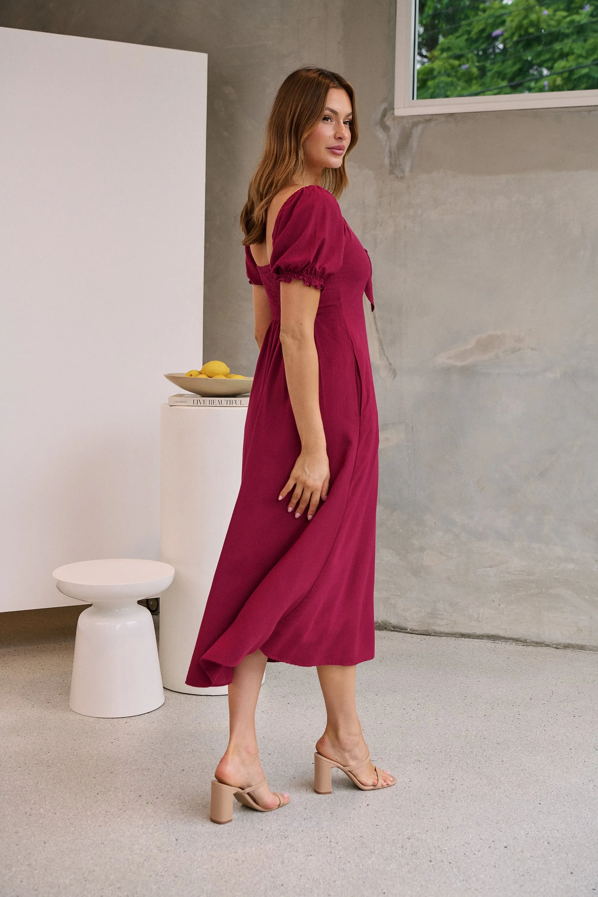 Lulu Tie Front Wine Midi Dress