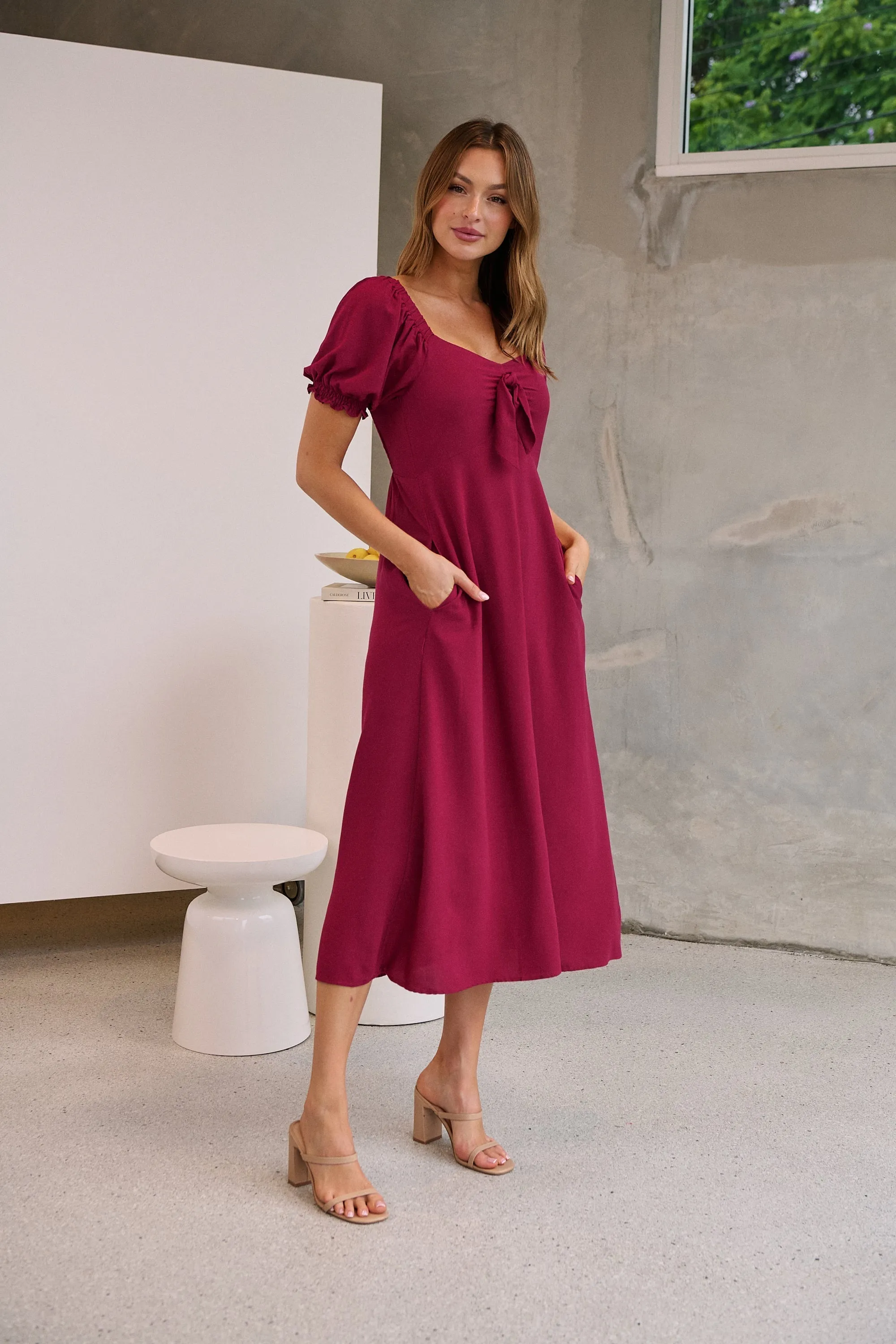 Lulu Tie Front Wine Midi Dress